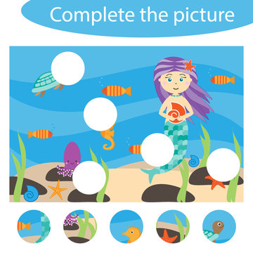 Complete the puzzle and find the missing parts of the picture, ocean, fun education game for children, preschool worksheet activity for kids, task for the development of logical thinking, vector