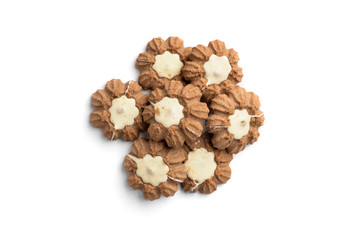 Chocolate shortbread cookies isolated on white background.