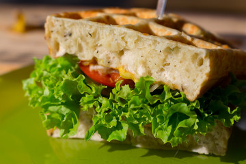 Tasty club sandwich with white waffle bread, tomato, onion, salad on green plate outdoor. Fast snack, street food, fastfood