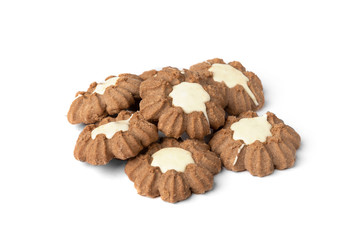 Chocolate shortbread cookies isolated on white background.