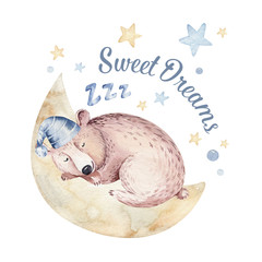 Cute dreaming cartoon animal hand drawn watercolor illustration. Sleeping charecher kids nursery wear fashion design, baby shower invitation card.