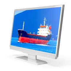 PC monitor or TV with sea or ocean tanker on the screeen, isolated on white background. 3D rendering