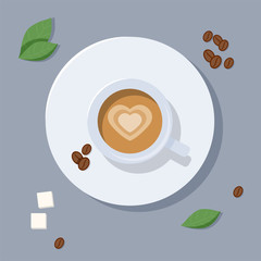 Cup of Coffee on a light Background. Coffee Poster Advertisement Flayers. Vector Illustration. Flat Style. Decorative Design for Cafeteria, Posters, Banners, Cards