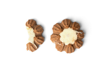 Chocolate shortbread cookies isolated on white background.