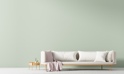 Empty wall mock up in Scandinavian style interior with sofa. Minimalist interior design. 3D illustration.