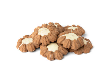 Chocolate shortbread cookies isolated on white background.