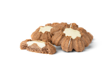 Chocolate shortbread cookies isolated on white background.