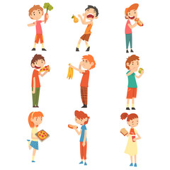 Children Do Not Like Vegetables and Fruits Set, Boys and Girls Enjoying Eating of Fast Food Vector Illustration Vector Illustration