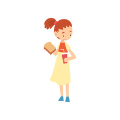 Cute Girl Holding Sandwich and Paper Cup of Soda Drink, Child Enjoying Eating of Fast Food Vector Illustration
