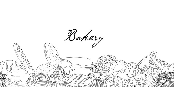 Seamless border of elements with hand drawn bakery products on a white background