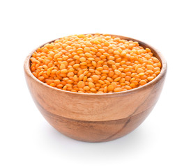 Raw lentils on white background