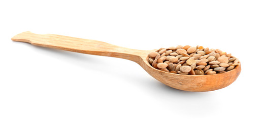 Raw lentils on white background