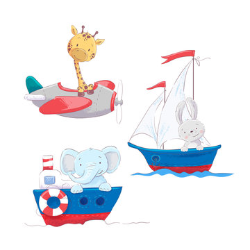 Set of cute cartoon animals giraffe hare and elephant on a sea and air transport, a sailboat plane and a steamship for a child's illustration.