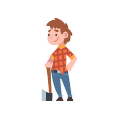 Cute Boy Dressed as Lumberjack, Kids Future Profession, Boy in Checkered Shirt and Jeans Standing with Ax Vector Illustration
