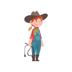 Cute Boy Dressed as Cowboy, Kids Future Profession, Boy in American Traditional Costume with Lasso Vector Illustration