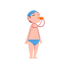 Cute Boy Dressed as Swimming Coach, Kids Future Profession, Boy Swimmer with Whistle Vector Illustration