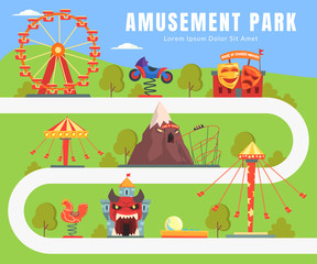 Map of Amusement Park, Summer Landscape, Attractions, Castle, Ferris Wheel, Seesaw Vector Illustration