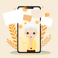 Vector illustration of elderly character with smart phone. Old aged family couple man & woman communication using smart phone video call. Elderly people talking. vector,illustration.