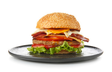 Tasty burger with bacon on white background