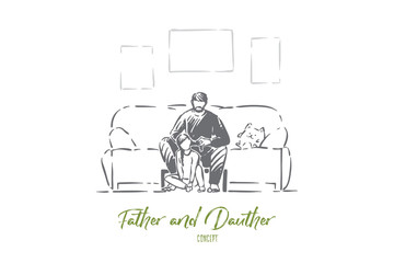 Single father helps daughter to braid pigtails, fatherhood, dad and little girl indoor, parent and child, parenting