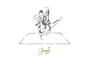 Judo sparring, young men in kimono with belts, faceless athletes, combat practice, self defence exercise