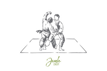 Karate or judo sparring, traditional oriental martial arts, young fighters in kimono practicing footboard