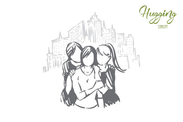 Happy girlfriends, faceless women posing for photo, urban tourism, recreation, holiday vacation, female friendship