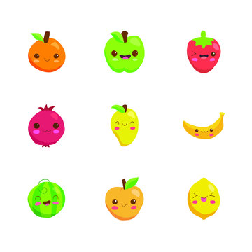 Set of Cute Happy Fruits. Kawaii Food vector illustration in cartoon style.