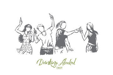 Girls night out, drinking in limousine, living luxurious life, having hen, bridesmaid party in car, celebrating with friends