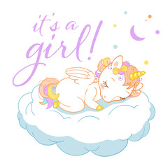 Magic cute unicorn in cartoon style with calligraphic insignia it's a girl. Doodle unicorn sleeping on a cloud. Vector illustration for cards, posters, kids t-shirt prints, textile design.