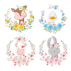 Set cartoons cute animals deer duck lama hare in flower wreaths for children illustration. Vector