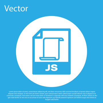 Blue JS file document icon. Download js button icon isolated on blue background. JS file symbol. White circle button. Vector Illustration