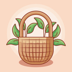 basket wicker with leafs natural