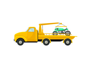 Fototapeta na wymiar Tow truck with a motorcycle on the platform. Vector illustration on white background.