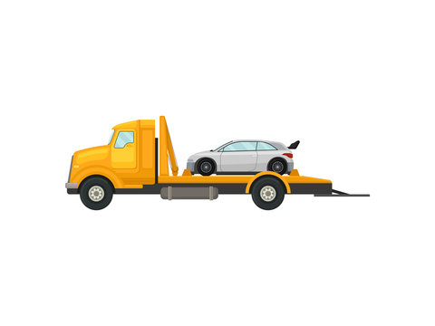 Tow truck with a car on the platform. Vector illustration on white background.