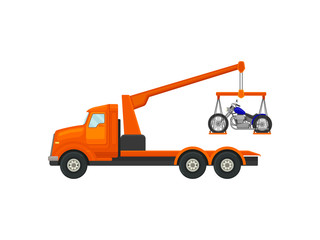Tow truck lifted on a crane bike. Vector illustration on white background.