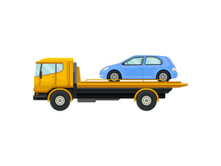 Fototapeta na wymiar Tow truck drives a blue car. Vector illustration on white background.