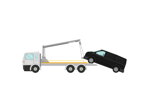 Tow truck pulls a minibus. Vector illustration on white background.