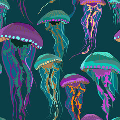 Blue and purple jellyfish seamless pattern. Vector illustration of jellyfish on turquoise background