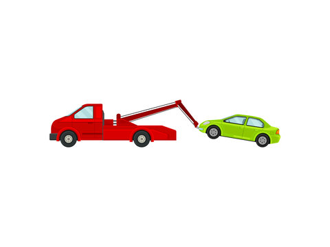 Tow truck pulls green car. Vector illustration on white background.