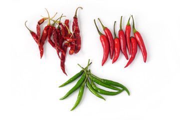 Top view Red Green chili pepper and Dried pepper isolated on white background.