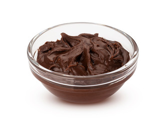 Chocolate hazelnut cream in glass bowl, isolated on white background