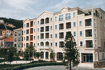 Front view of apartment building or condominium.