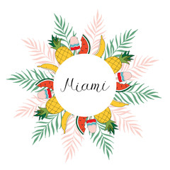 Vector frame with tropical leaves and lettering - Sun, please. Cartoon style. Colorful illustration with place for your text. Summer banner. tropical frame with leaves on white background.