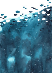 School of fish are swimming on the night sky watercolor hand painting background for decoration on summer events. © beelaa