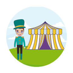 circus presenter male with tent circus in frame circular