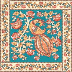 Square composition with a bird and a flower branch. Indian style. Kalamkari.
