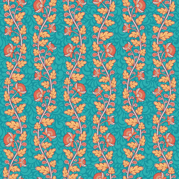 Seamless decorative pattern with flowers on turquoise background. Indian style. Kalamkari.