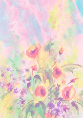 A bouquet of flowers in watercolor. Vintage postcard, banner, poster, sticker, image. Beautiful, fashionable flowers, buds. red Poppy, mimosa, hydrangea, wild flowers and herbs. Summer bouquets