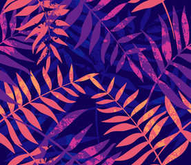 Vector seamless tropical pattern, multicolored vivid tropic foliage, with fern leaf. Modern bright summer print design. Can be used fashion, interior, wrapping, packaging, fabric